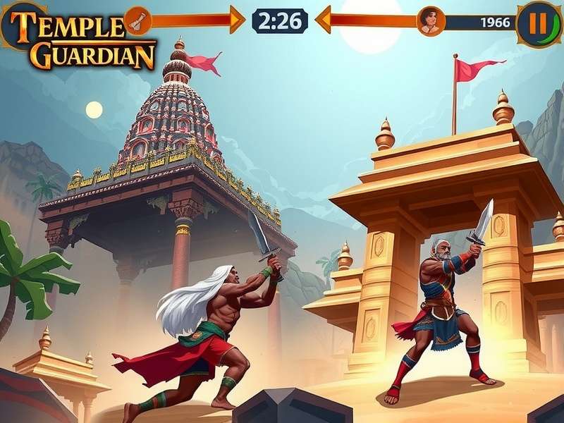 Temple Guardian Legend game artwork featuring Indian temples and warriors